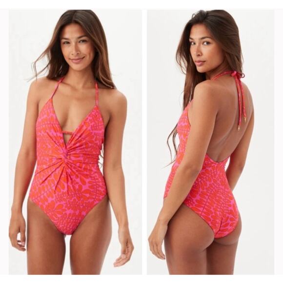 Trina Turk Trellis Print One Piece Plunge Swimsuit Pink Orange 10 - Picture 1 of 8
